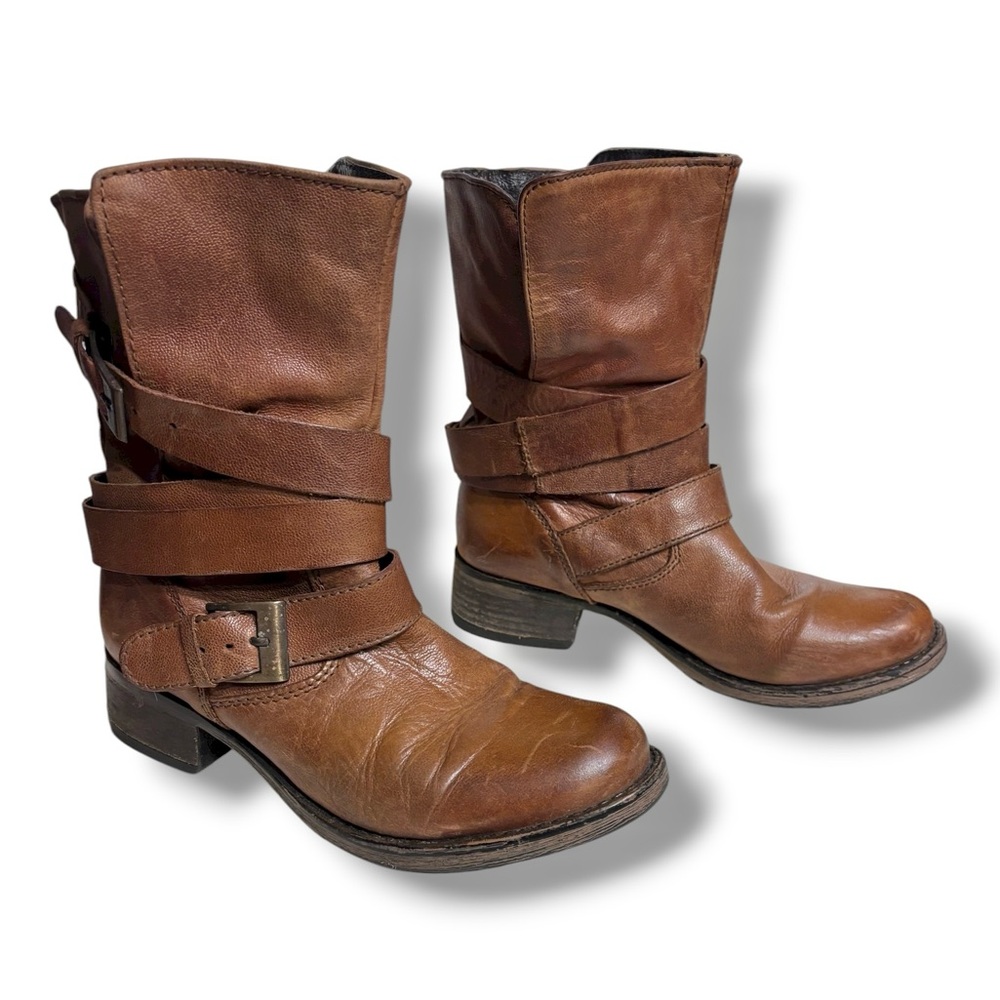 STEVE MADDEN Brewzzer Cognac Leather Belted Mid-Calf Moto Boots Size 7 - Picture 3 of 12